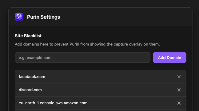 Purin extension settings showing site blacklist rules.
